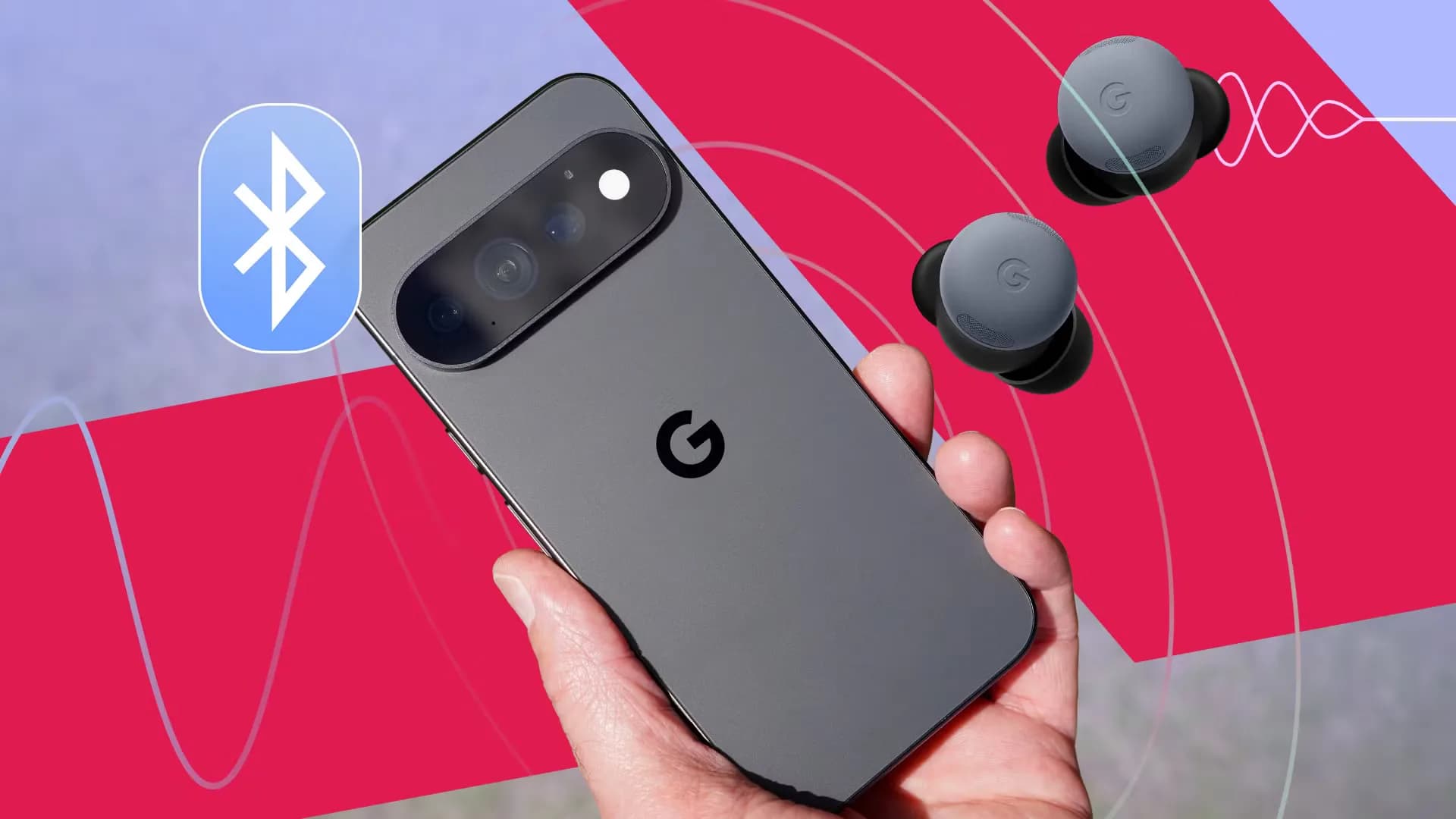 Google Pixel 11 smartphone lying flat next to a pair of wireless earbuds