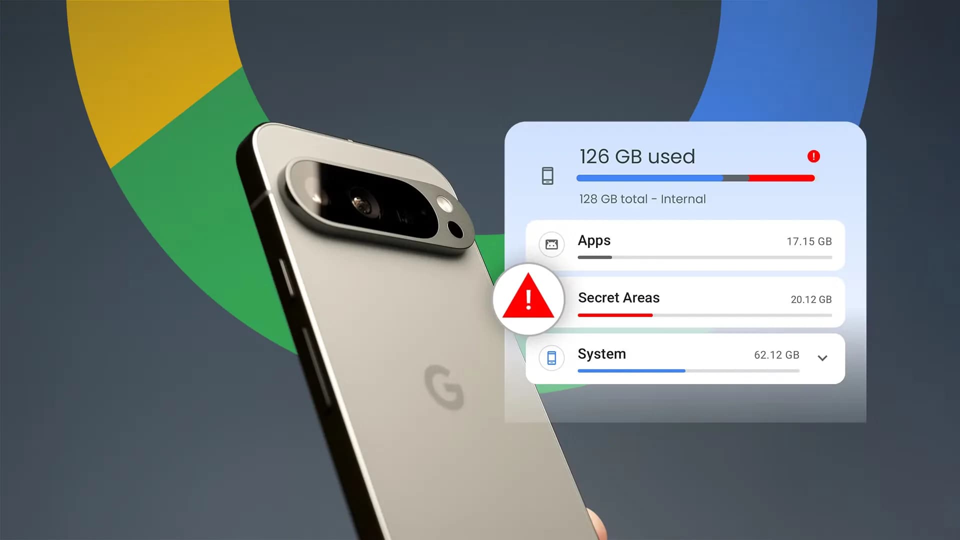 Google Pixel smartphone displaying storage settings on its screen