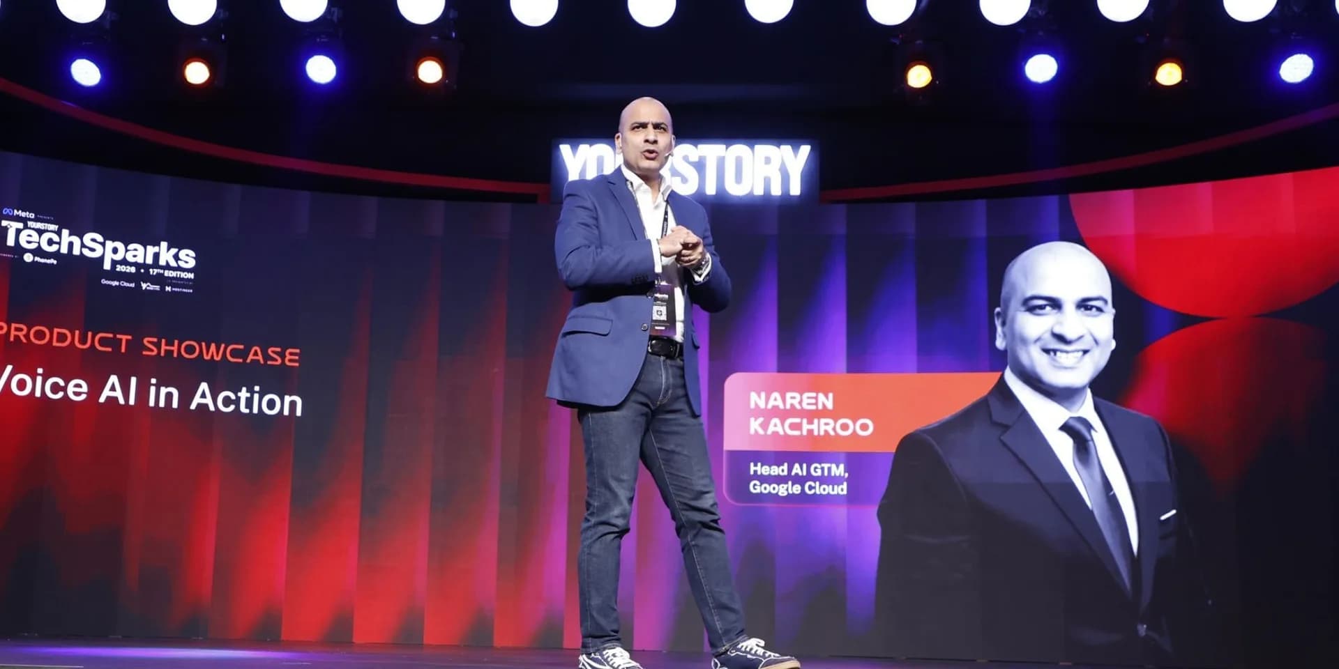 Naren Kachroo of Google Cloud presenting Gemini voice AI capabilities on stage at TechSparks 2026