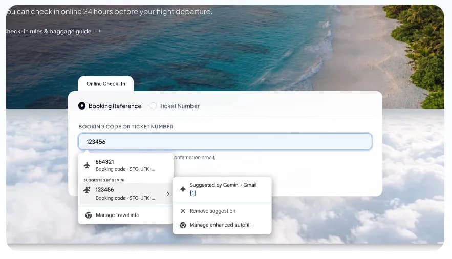 Google Chrome browser autofill dropdown shown on a smartphone screen with a Gmail icon nearby