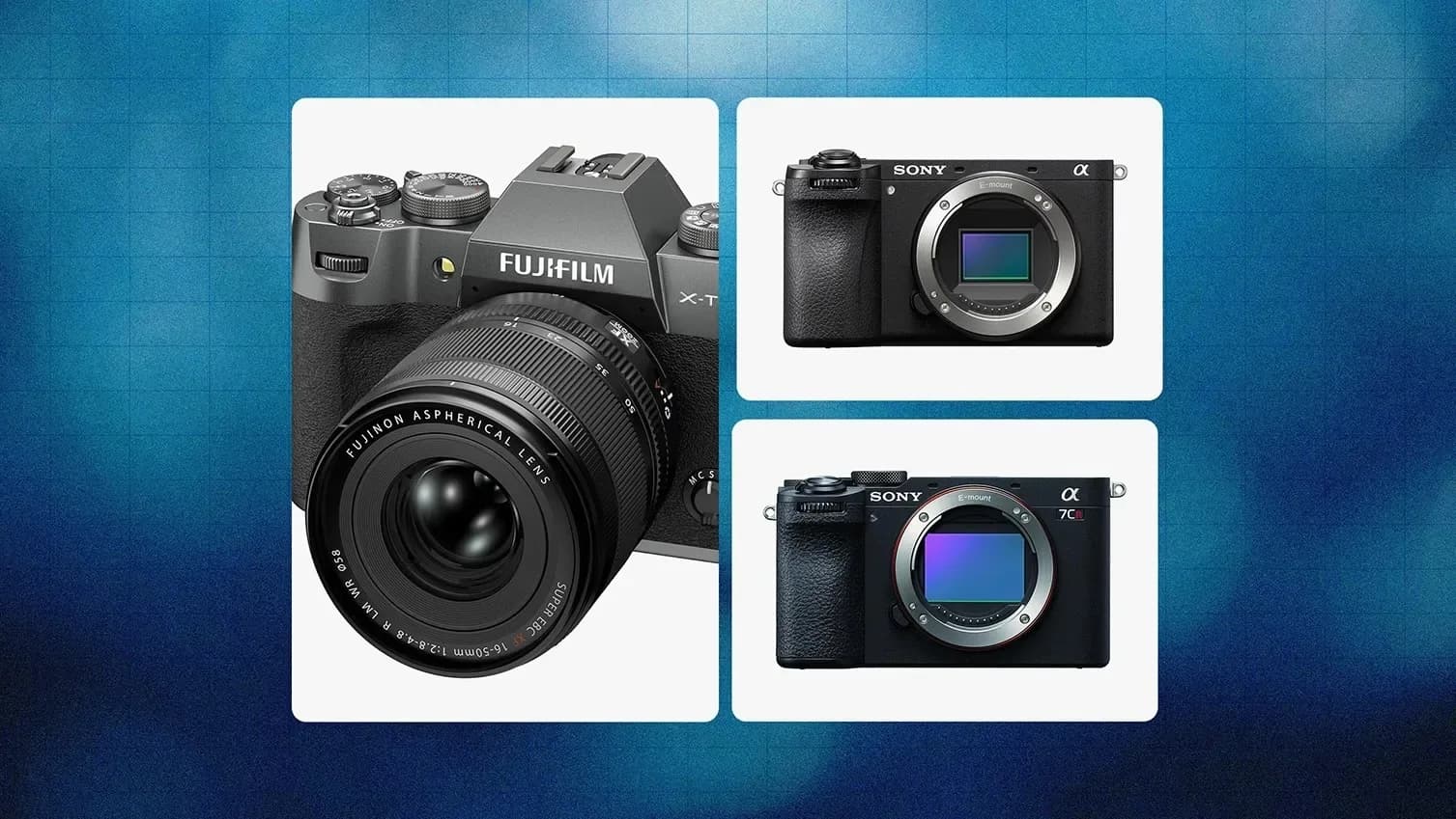 Front three-quarter view of the compact full-frame Sony a7CR camera body on a plain surface