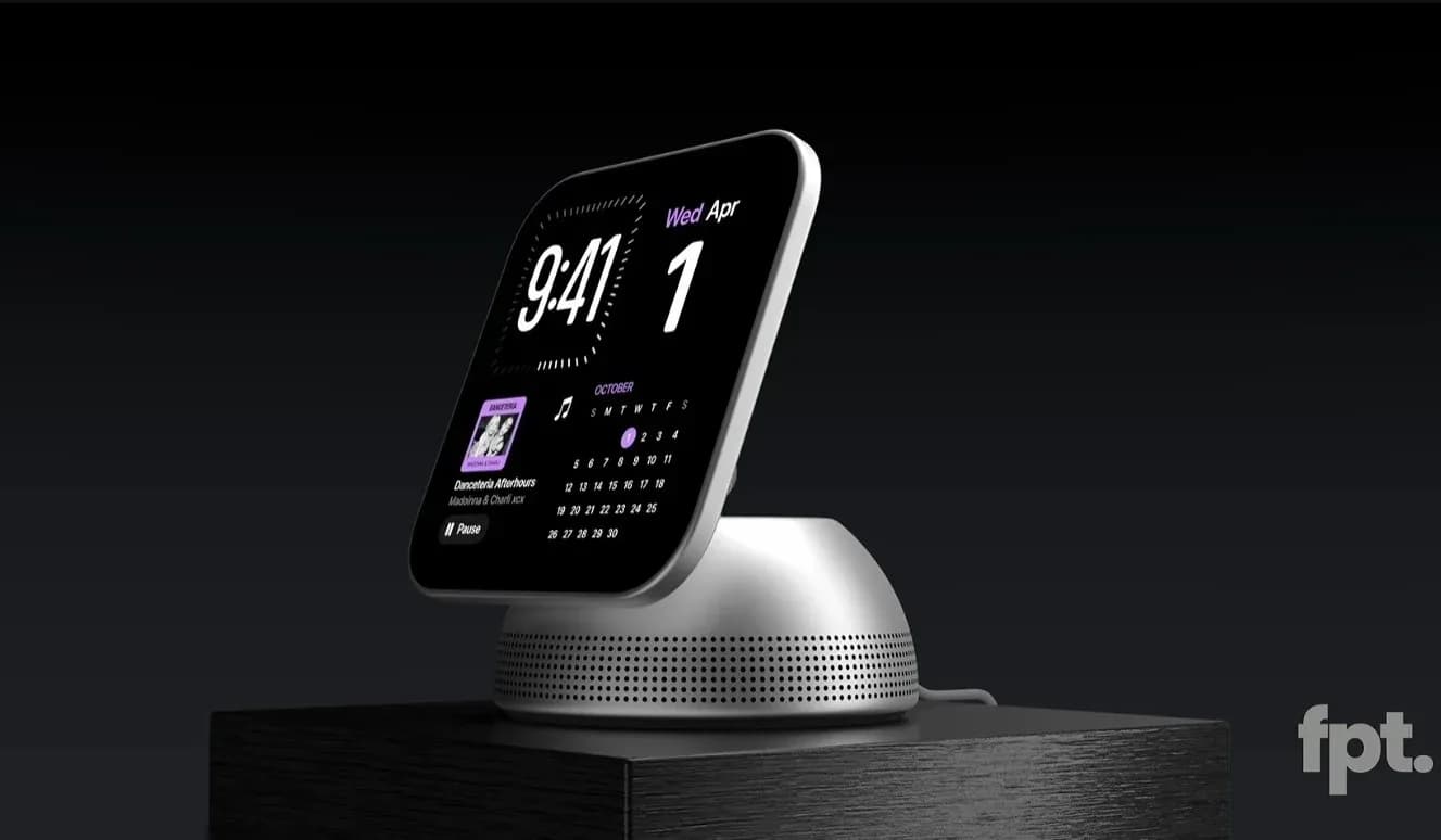 3D render of Apple HomePad showing square screen over rounded base, mounted on wall and sitting on countertop