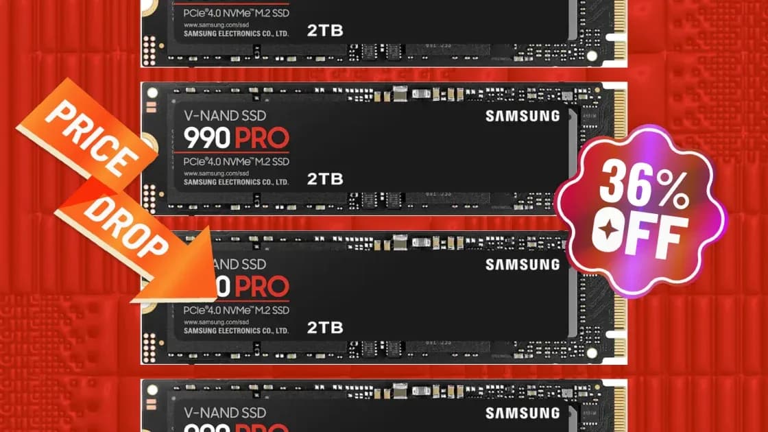 A top-down view of a Samsung 990 Pro PCIe 4.0 NVMe M.2 internal solid state drive on a neutral tech workstation surface