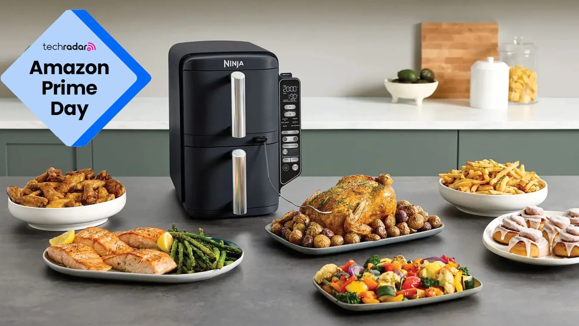 Ninja DoubleStack XL air fryer sitting on a modern kitchen countertop