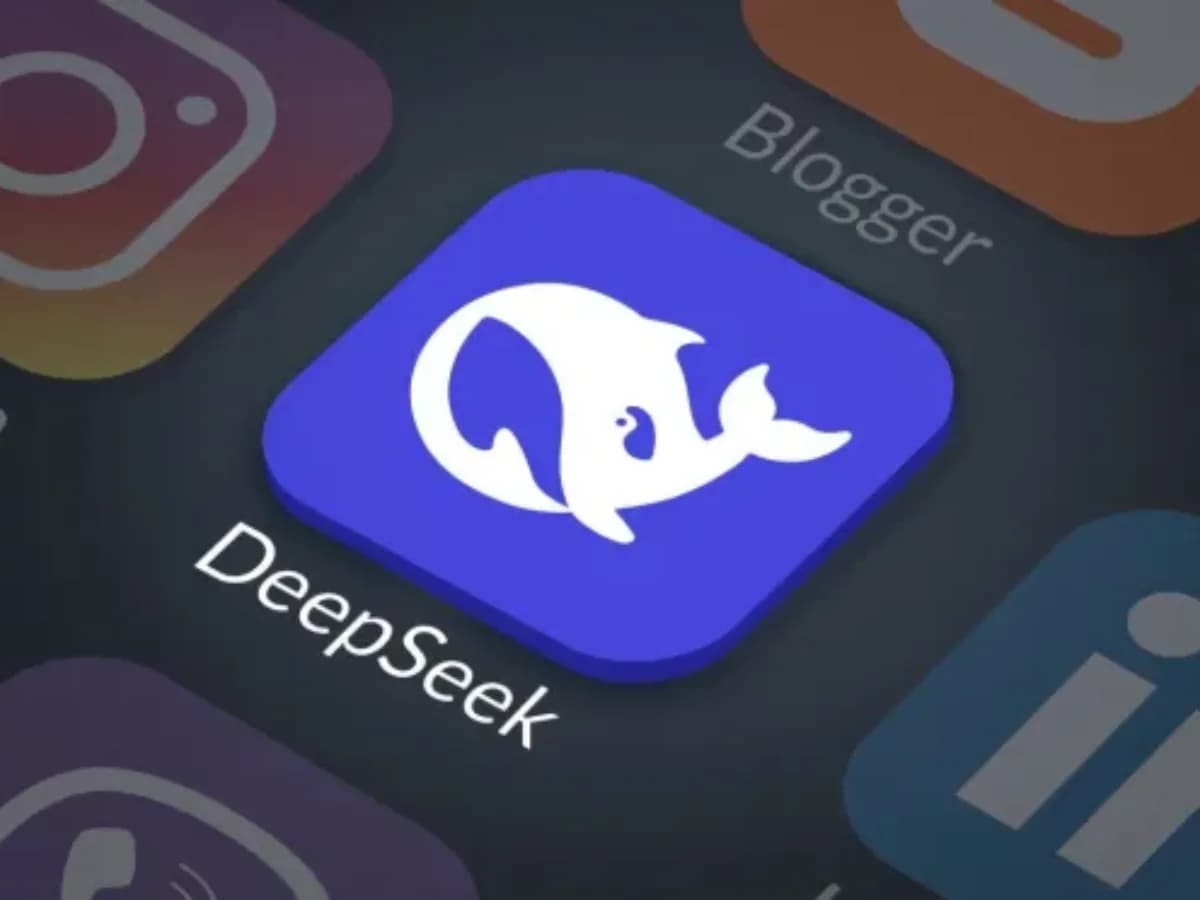 US Department of Homeland Security seal overlaid on DeepSeek logo with red 'X'