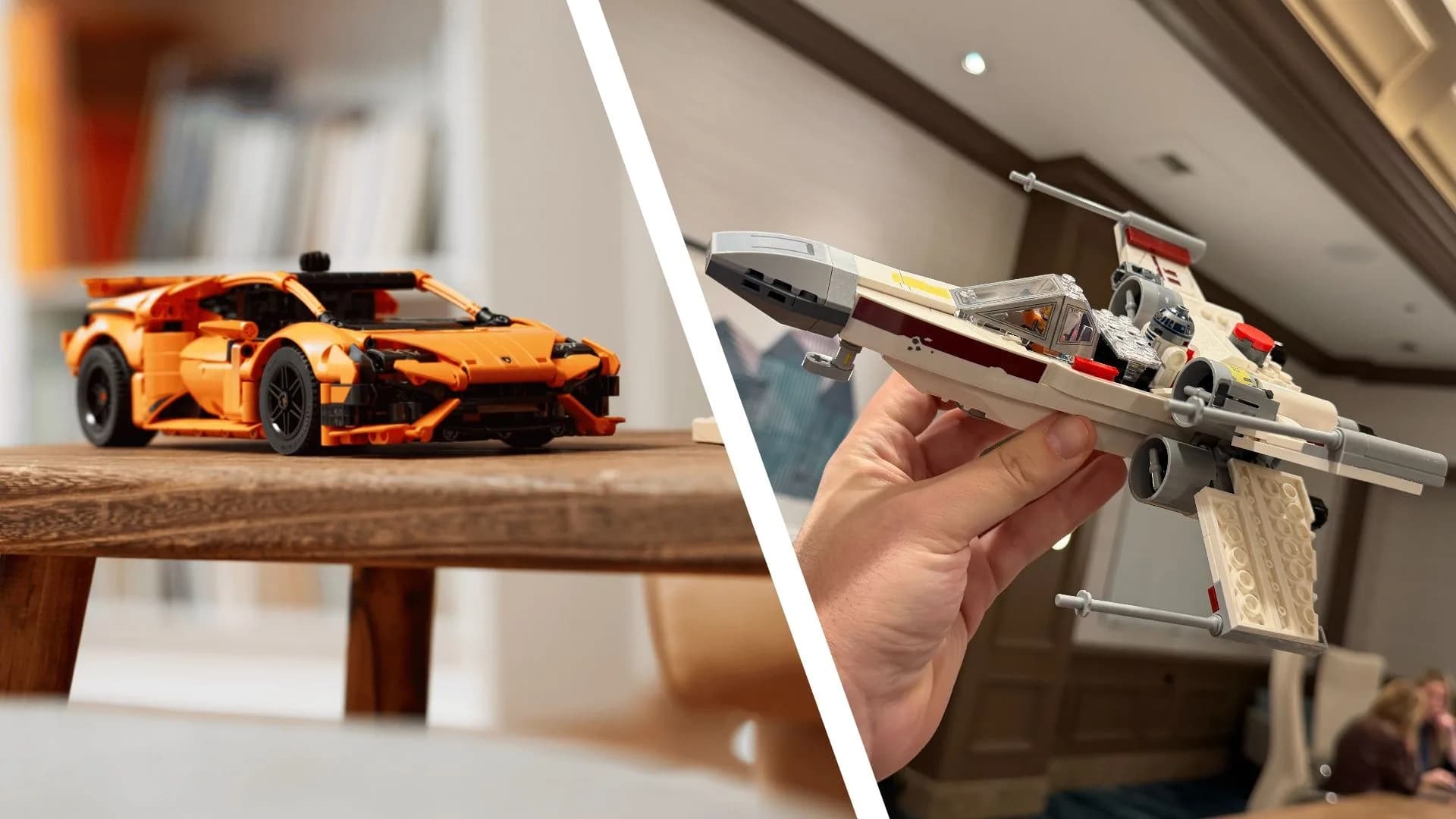 Assorted built Lego sets including Star Wars spaceships and botanical flower arrangements displayed on a flat surface.