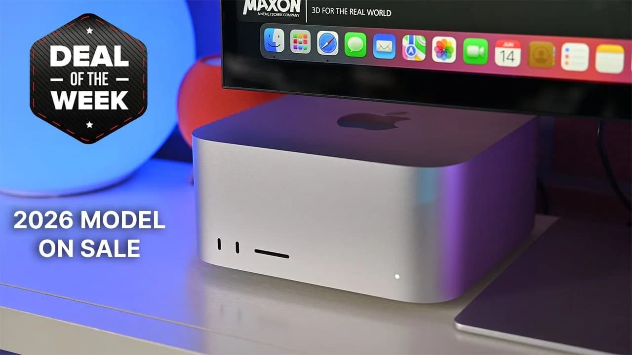 Apple Mac Studio 2026 front view, matte black finish, compact cylindrical design