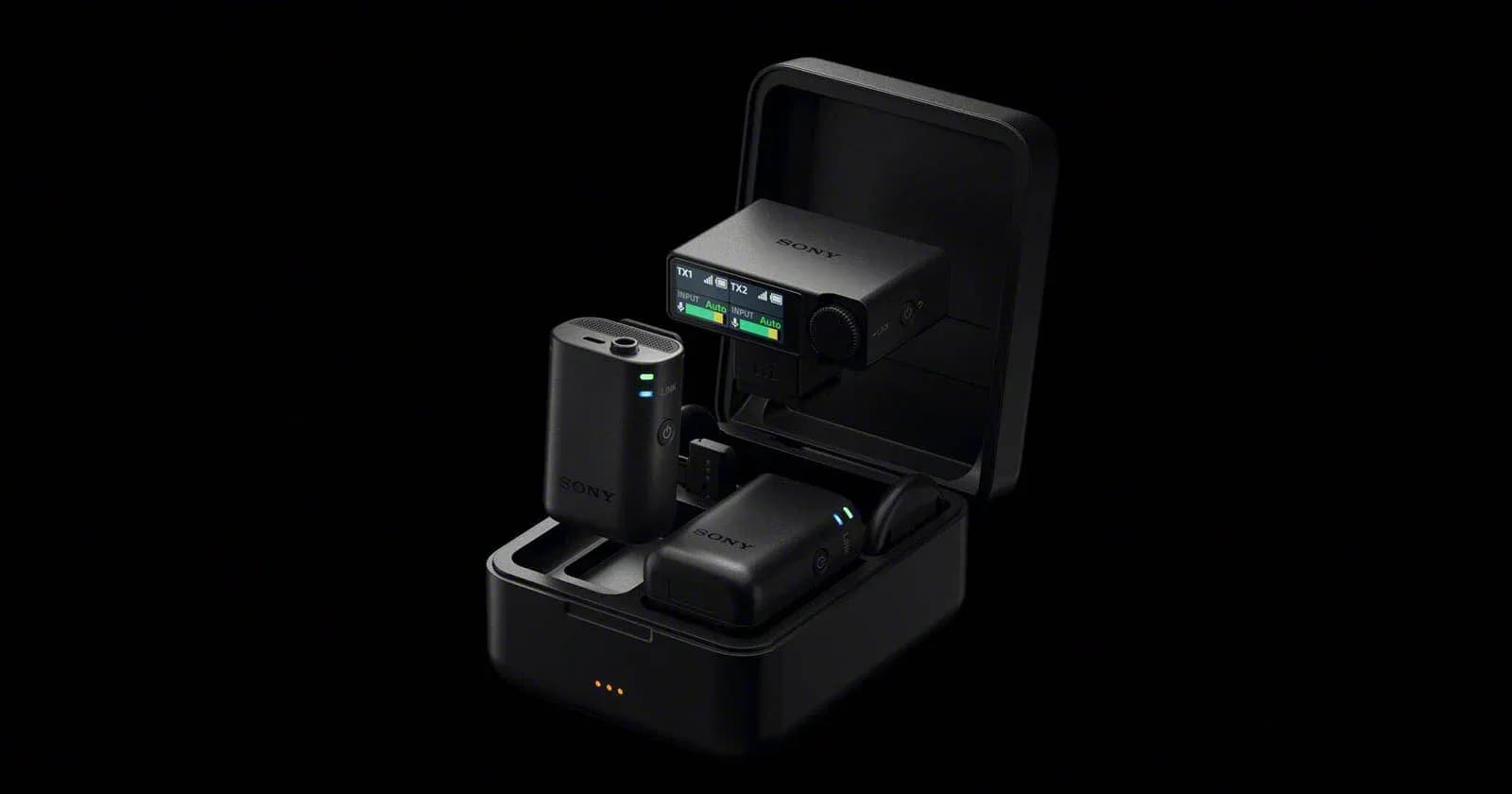 Sony ECM-W5 wireless microphone transmitters and receiver resting in their open charging case