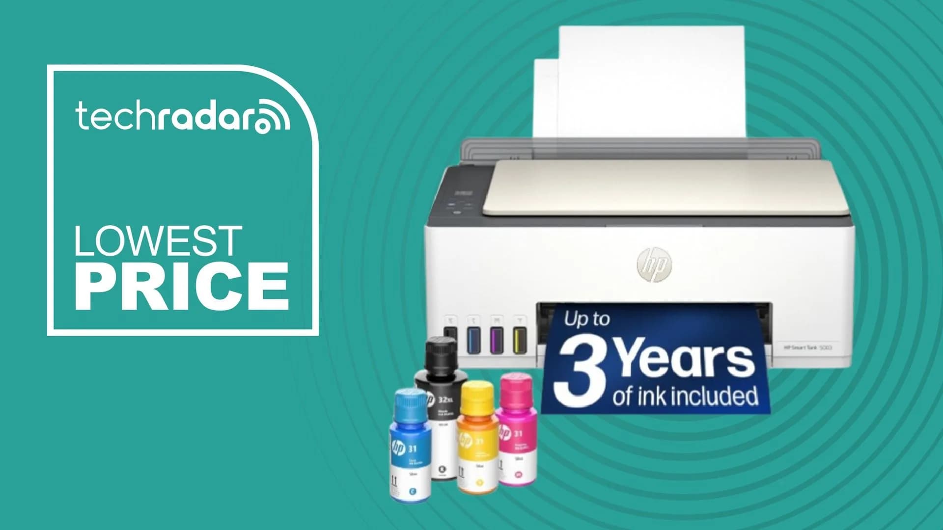HP Smart Tank 5003 ink tank printer on a desk beside open ink bottles