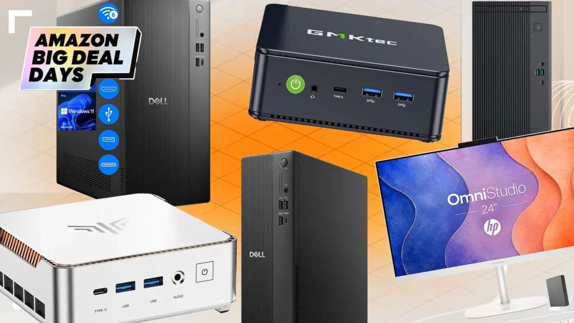 A row of desktop PCs on a desk: Lenovo tower, Dell Pro Tower, Apple Mac Mini, GMKtec M6 Ultra, Kamrui mini, HP all-in-one, and an unnamed Intel Core i7 tower.