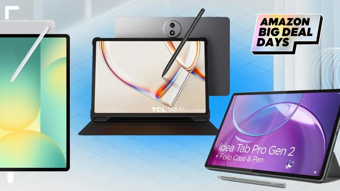 Samsung Galaxy Tab S10 FE, Lenovo Idea Tab Pro Gen 2 and TCL Tab A1 Nxtpaper tablets shown together during Amazon Prime Big Deal Days