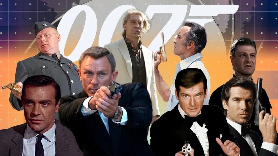 A collage of James Bond movie posters arranged chronologically, with the Prime Video logo overlaid.
