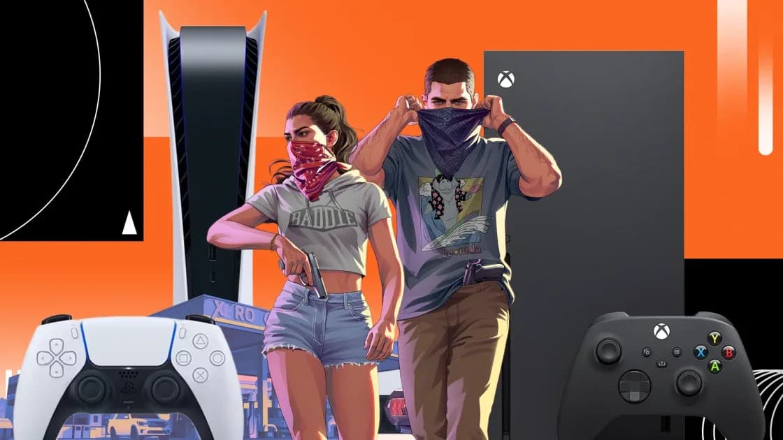 PlayStation 5 and Xbox Series X consoles shown side by side with Grand Theft Auto VI artwork