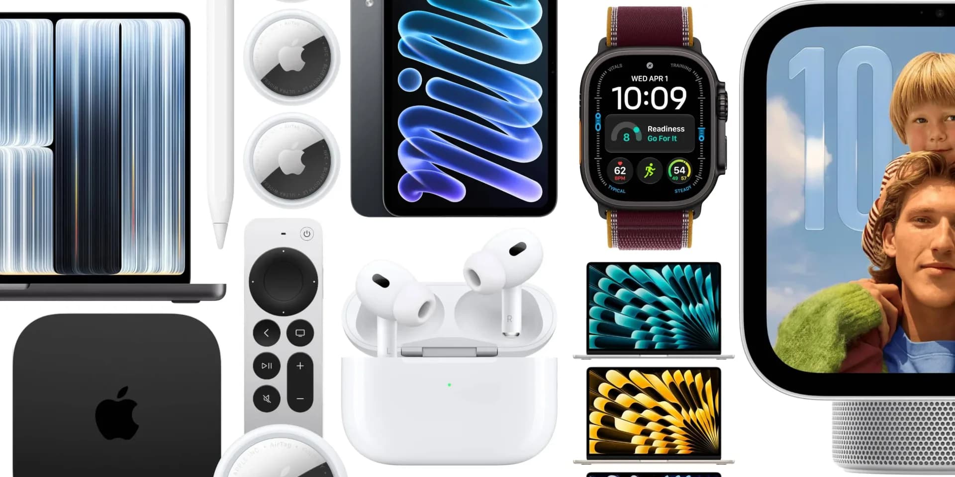 Apple AirTag 2 trackers displayed next to AirPods Pro 3 and an Apple Watch Ultra 4 box