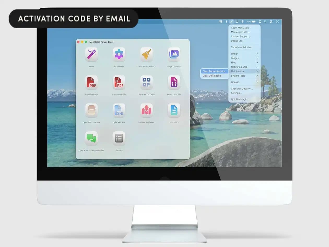 MacBook displaying desktop file organization utilities and settings windows on screen.