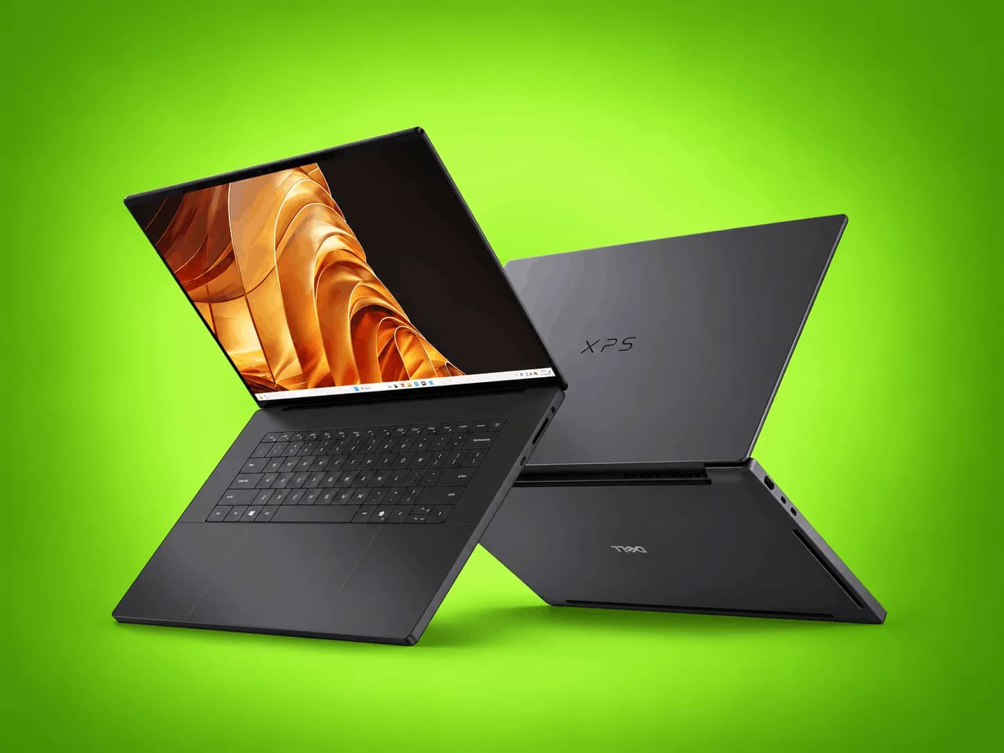 Dell XPS 16 Creator Edition laptop shown open, displaying a color-graded video timeline and AI denoising interface