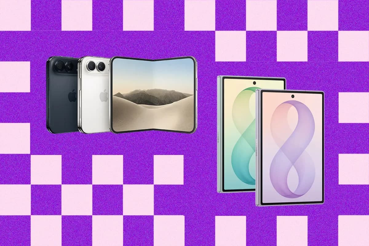Samsung Galaxy Z Fold8, Apple iPhone Duo, and Motorola Razr Ultra folding phones shown side by side, open and closed.