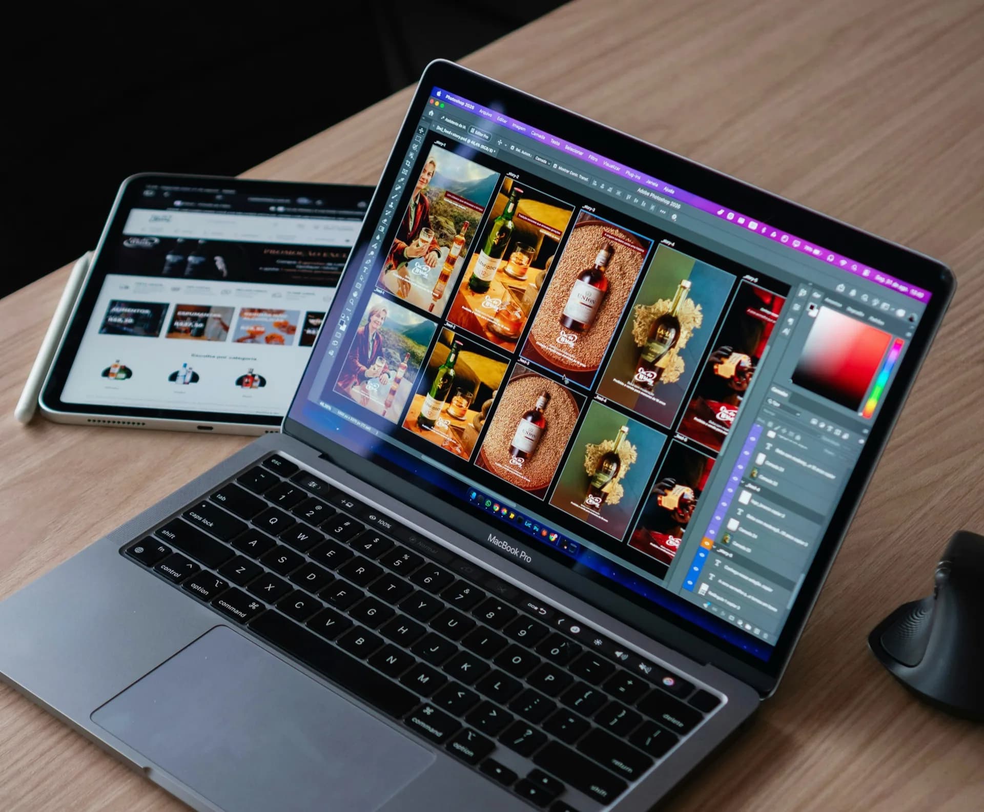 Close up of an Apple MacBook Pro laptop display open on a desk