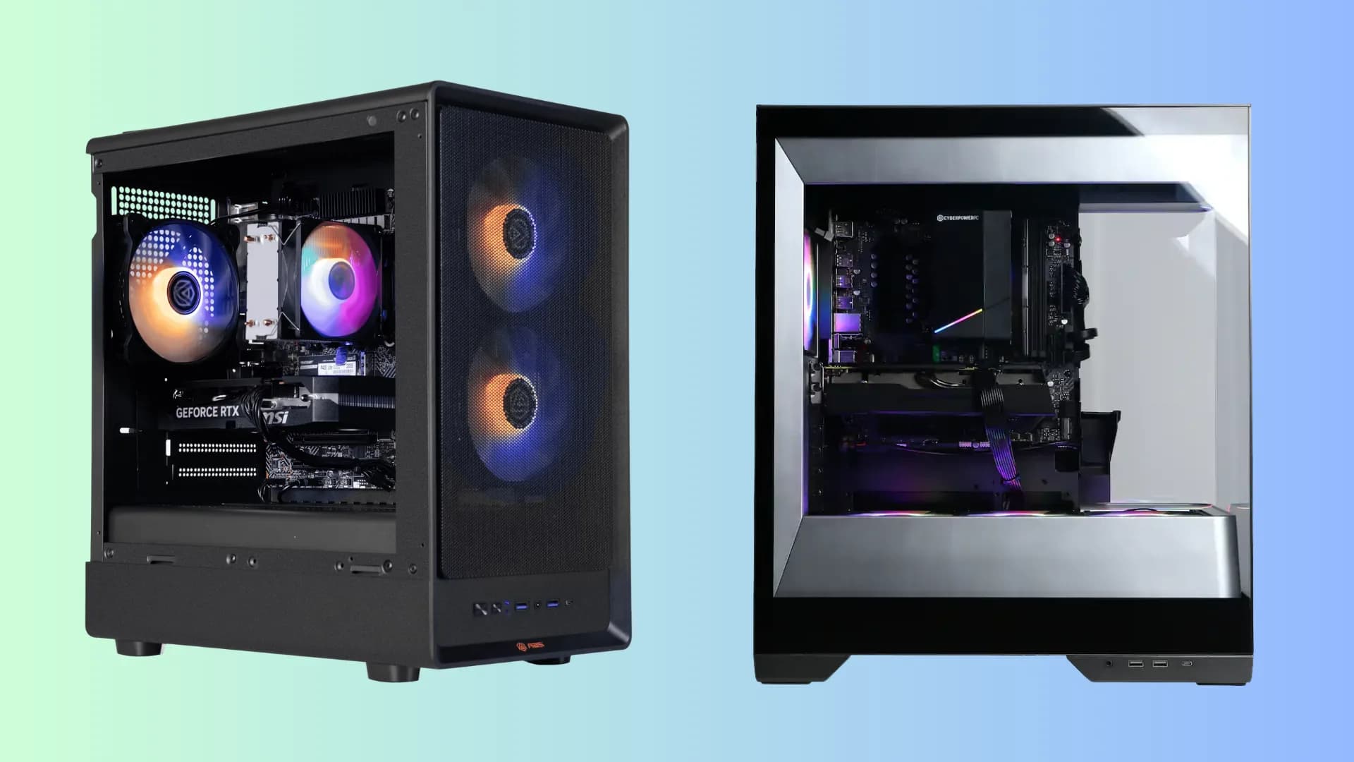 A mid-tower gaming PC chassis illuminated with internal RGB lighting on a desk.
