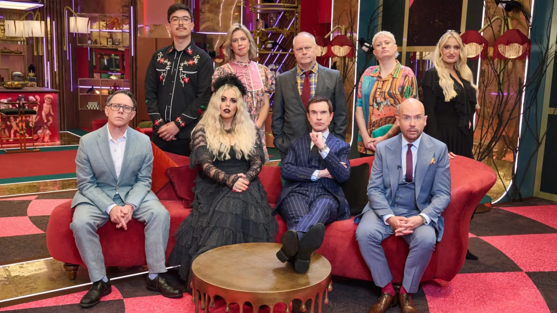 Promotional image for Last One Laughing: Halloween special featuring host Jimmy Carr and celebrity comedian guests.