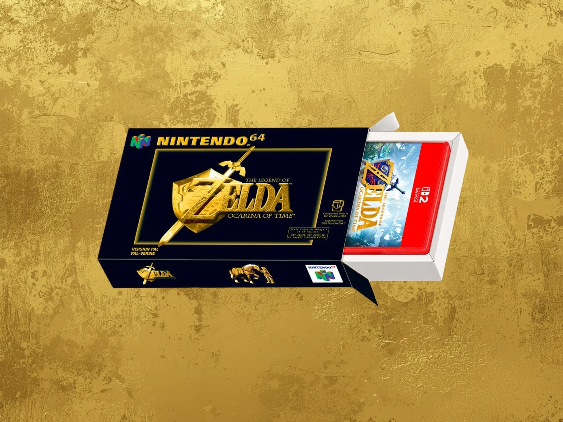 A replica Nintendo 64 box for Ocarina of Time, next to a modern Switch 2 game case with foil cover.
