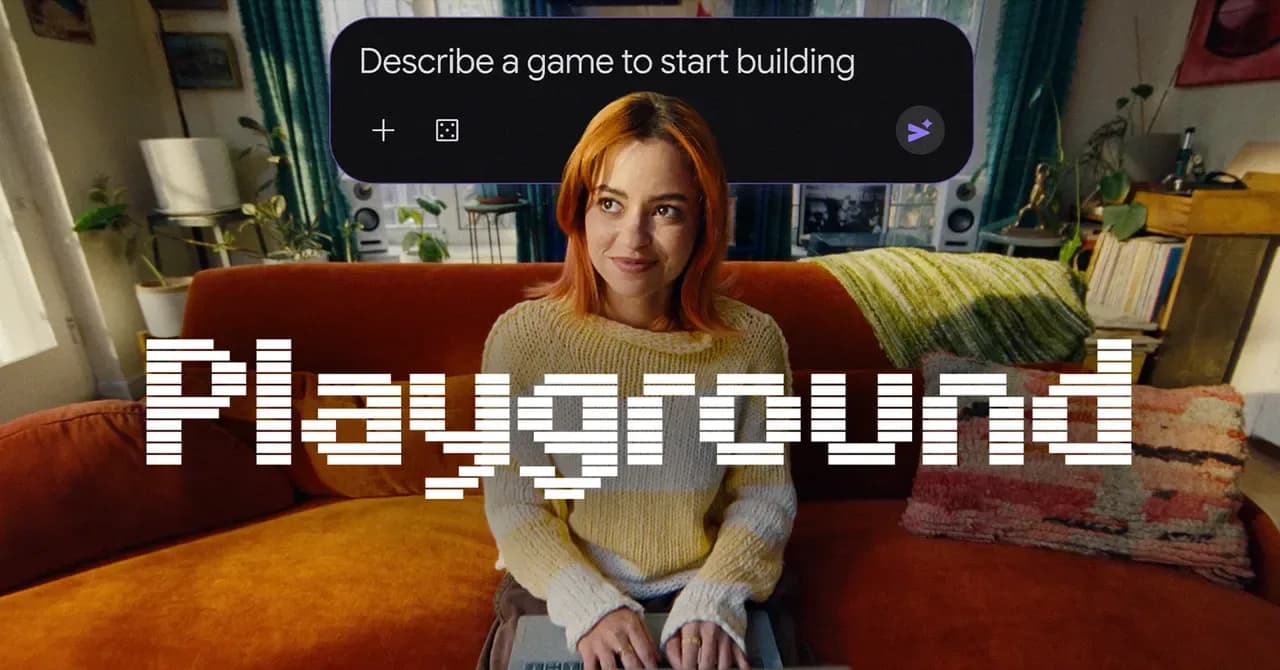 A top-down pixel-art shooter game screen generated by Google's AI Playground tool, showing a character battling enemies in a neon-lit setting.