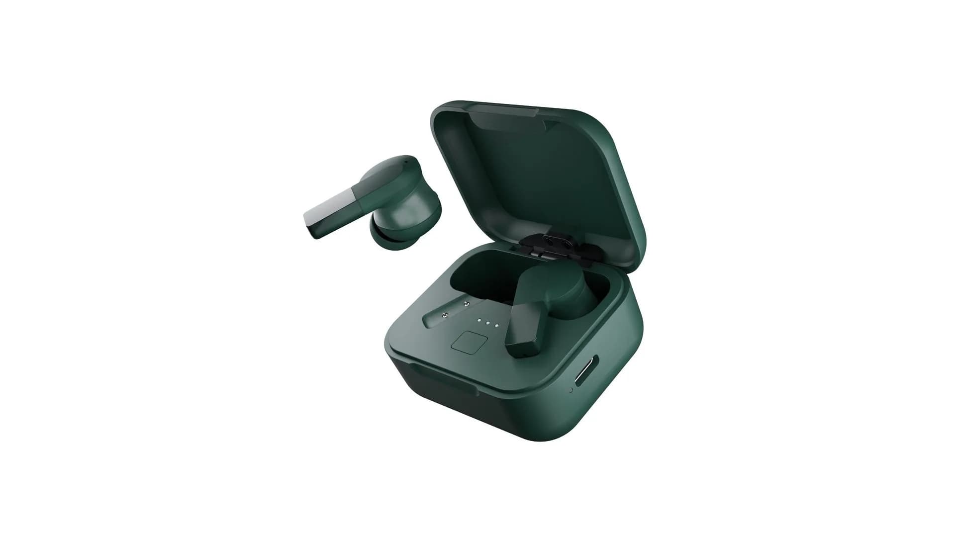 Pair of Fairphone Fairbuds 2 wireless earbuds resting next to their compact open charging case.