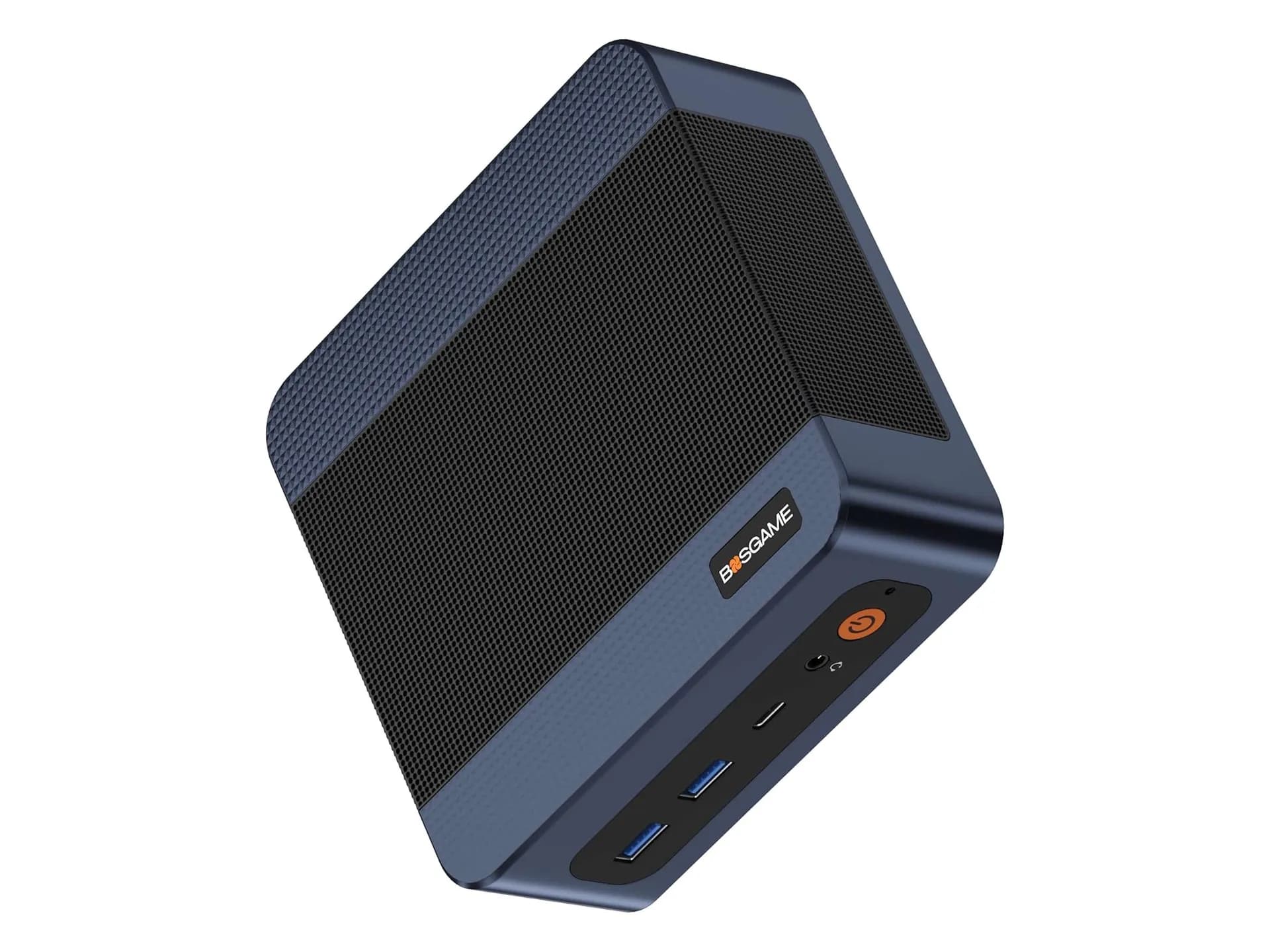 Front and rear view of the compact Bosgame E7 mini PC showing its ports and venting