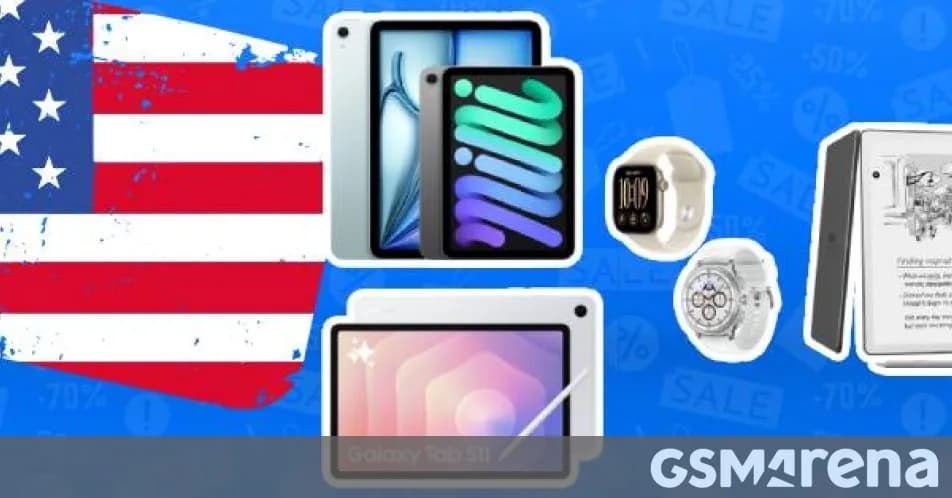 An Apple Watch and Samsung Galaxy tablet displayed on a retail table against a neutral background.