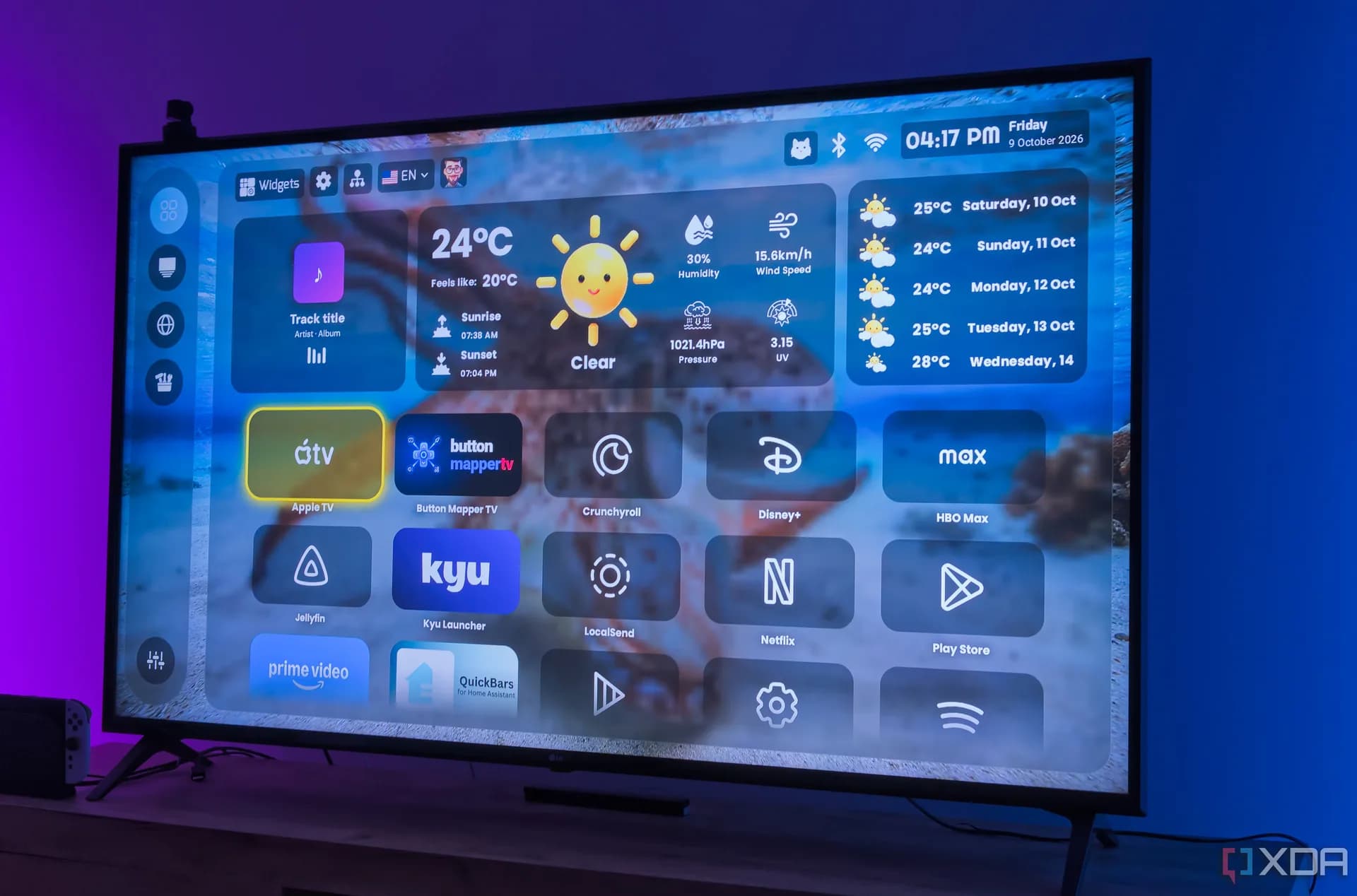 Android TV home interface showing streaming app icons and custom widgets on a television screen.