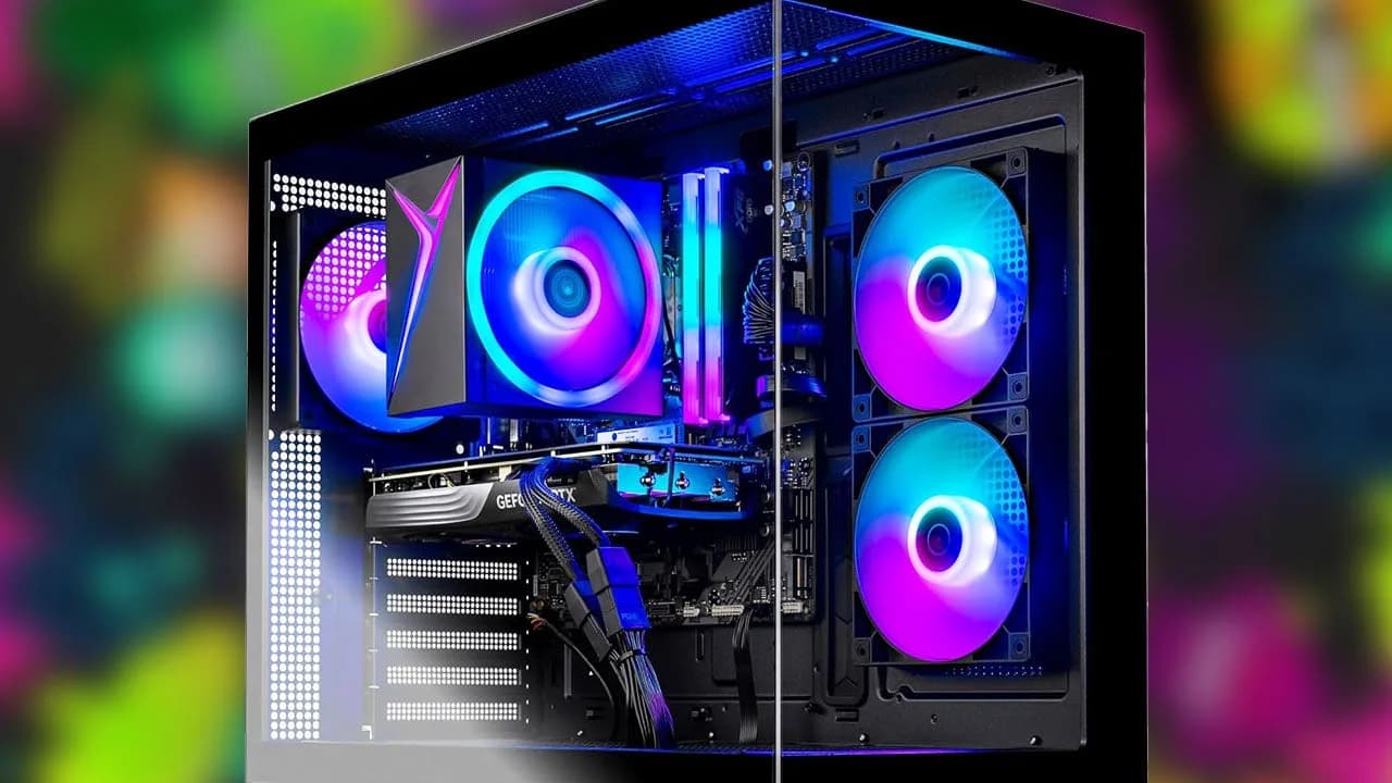 Skytech gaming desktop PC with RGB lighting, front-panel USB ports, and clear side panel showing internal components.