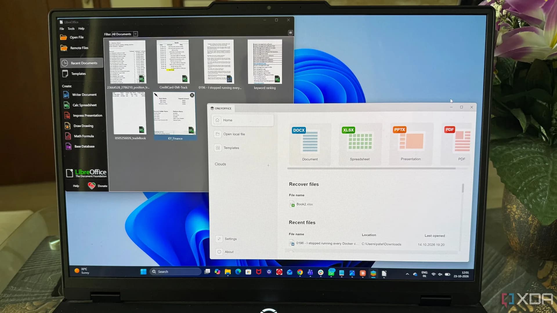 Screenshots of office suite interfaces including document, spreadsheet and presentation editors arranged side by side