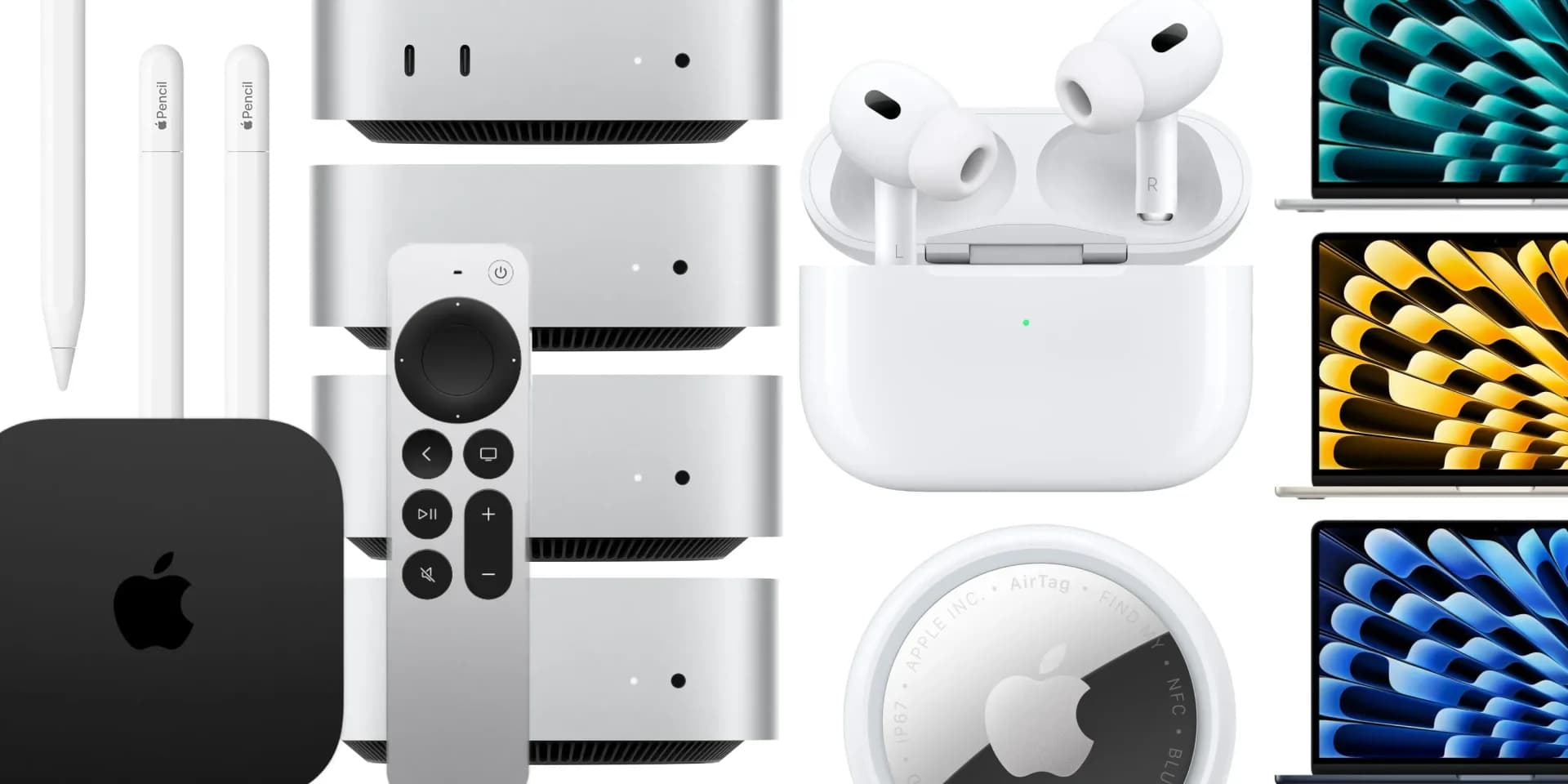 A MacBook Pro laptop open on a desk alongside AirPods and Apple accessories