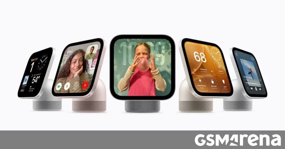 Apple HomeView smart display in silver resting on a table showing a clock widget