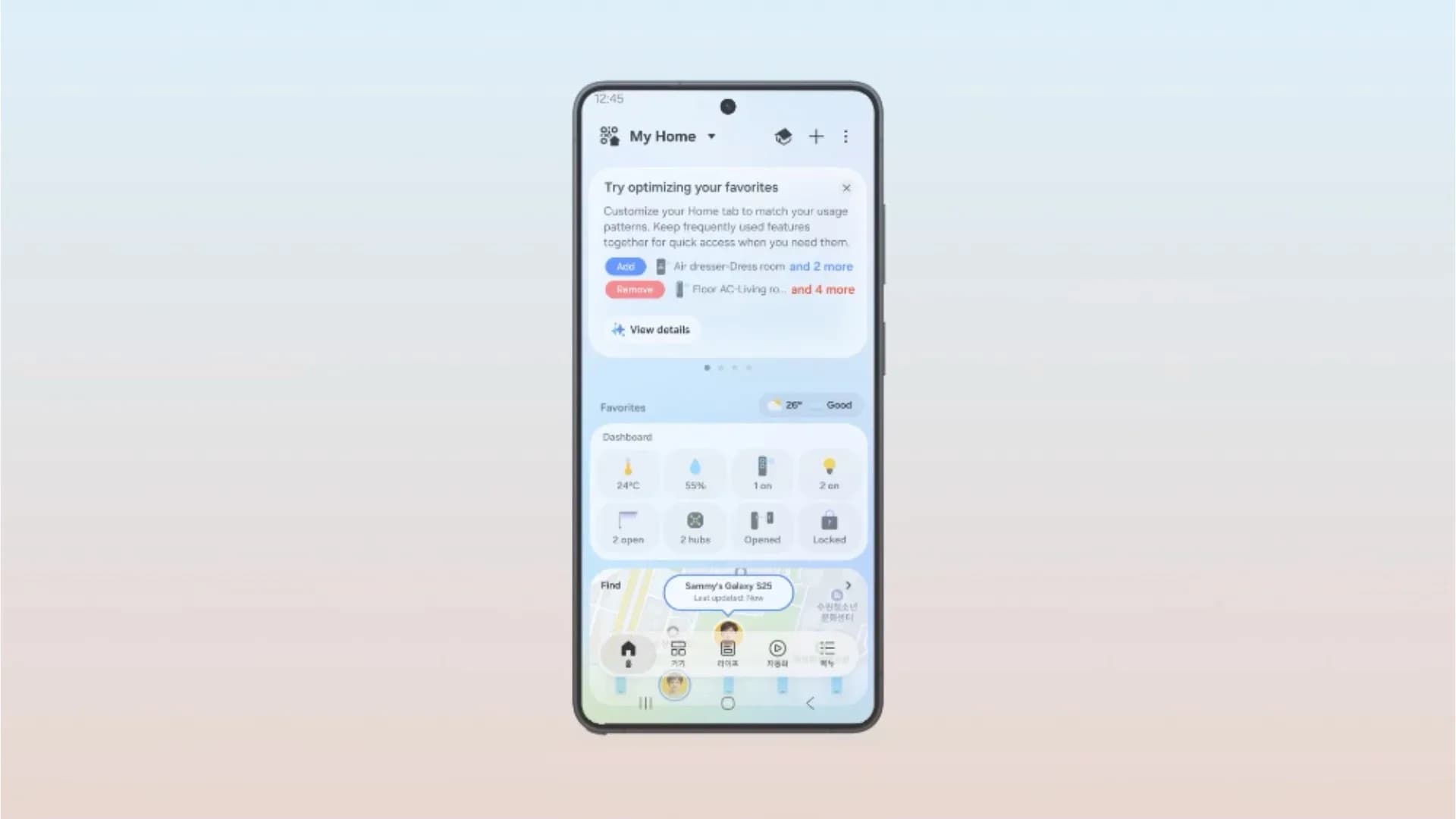 SmartThings app interface showing SmartThings Now cards and floating navigation bar