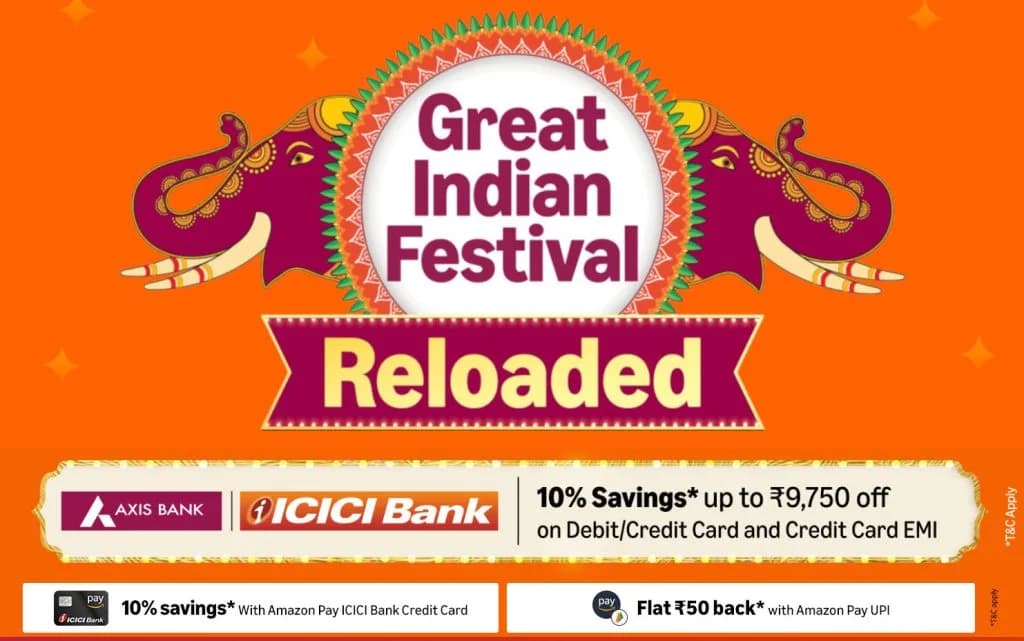 Amazon Great Indian Festival Reloaded sale banner showing discounted smartphones and electronics