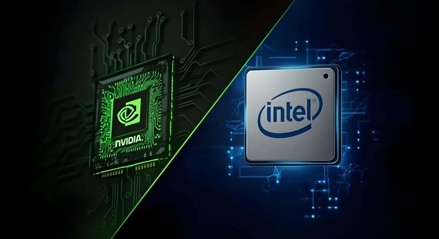 A split image showing NVIDIA's GTC logo on the left and Intel's logo on the right, with circuit board textures in the background.