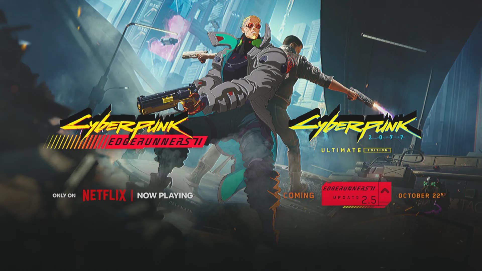 Key art for Cyberpunk 2077 showing protagonist V against a neon Night City skyline, promoting the Edgerunners 2 update.