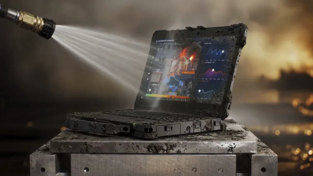 Dell Pro Rugged laptop shown open on a dark surface highlighting its reinforced chassis and outdoor display