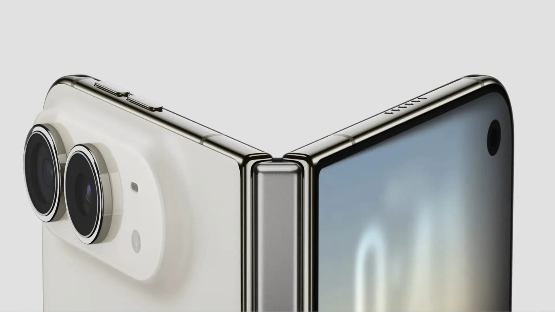 A leaked unboxing video still showing Apple's iPhone Duo foldable phone open, displaying its inner screen and folding hinge.