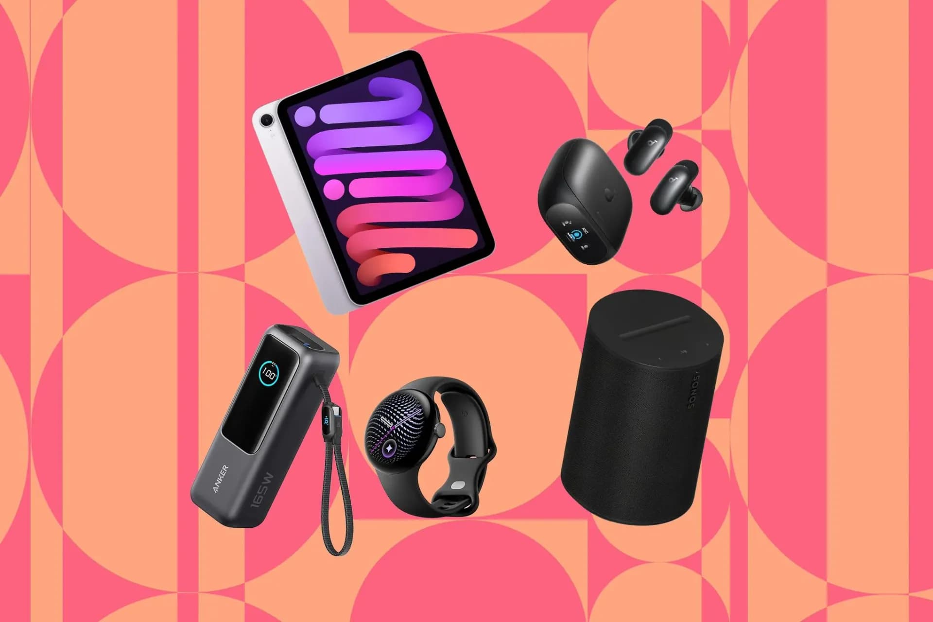 Smartphones, smartwatches, and headphones displayed together against a clean studio background.