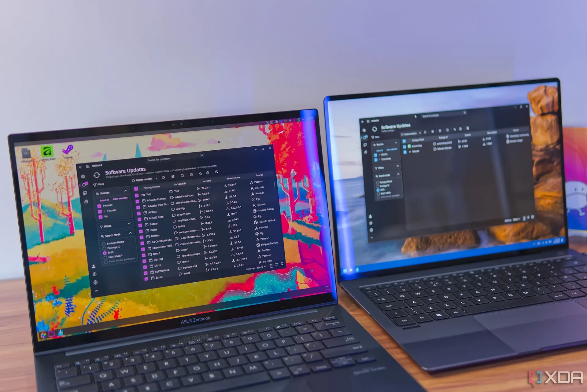A laptop running a Linux terminal display next to a computer monitor running a system security scan.