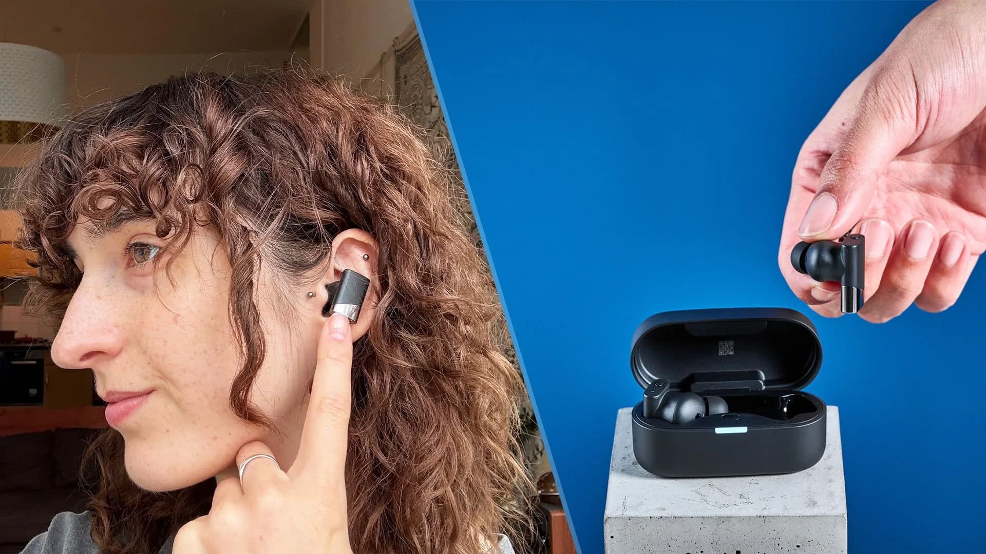 Status Audio Pro X wireless earbuds resting next to their charging case on a flat surface.