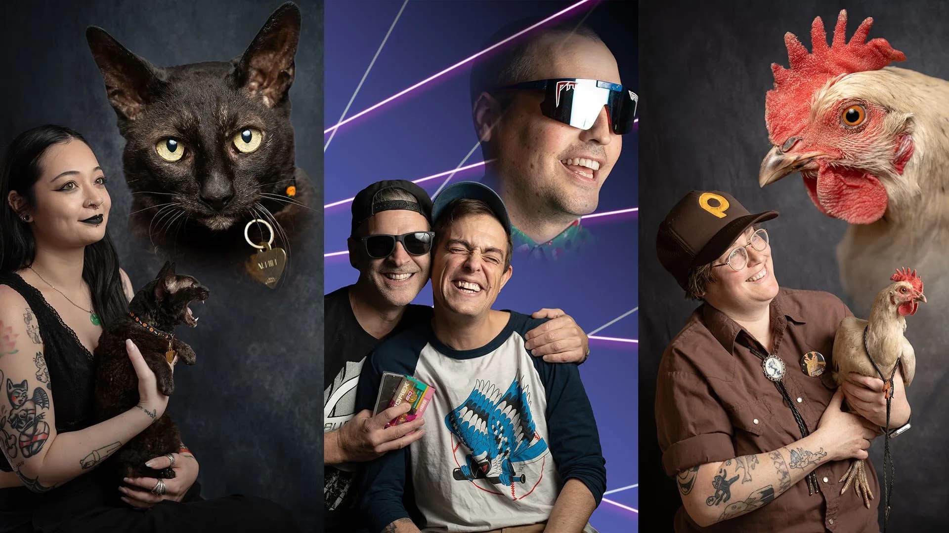 A portrait studio setup showing camera gear and a backdrop arranged for retro 1980s floating head portraits.