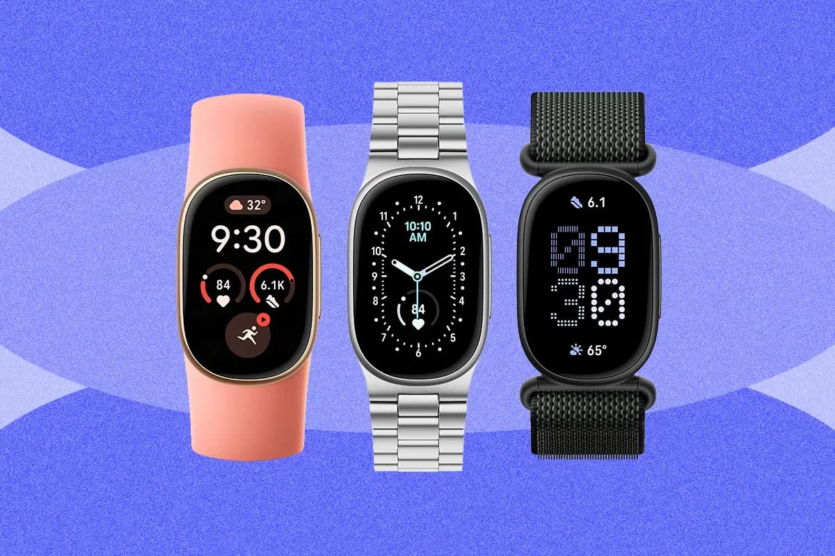 Google Fitbit Edge fitness trackers shown in brushed silver, Canyon and Fog colorways with different interchangeable bands.