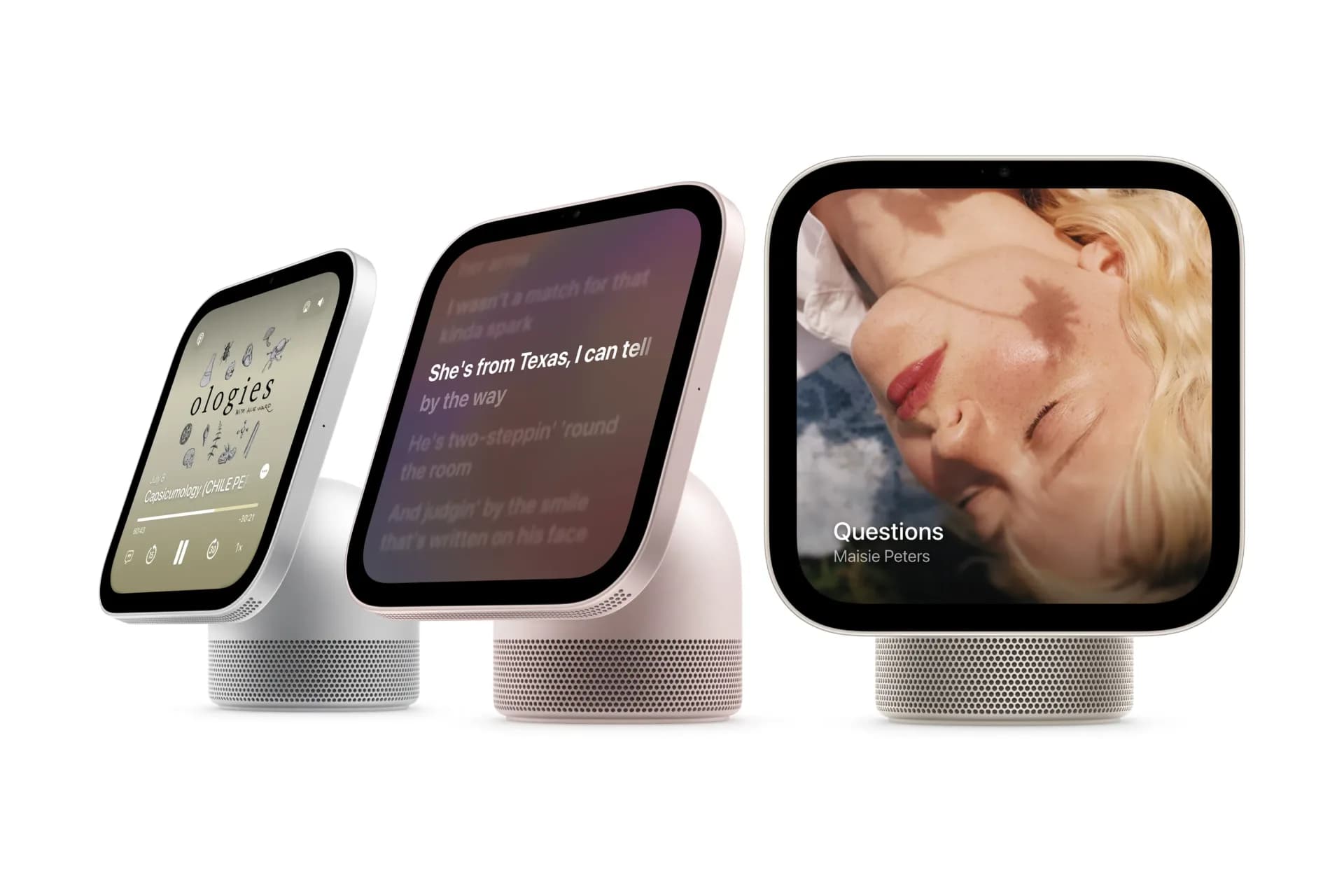 Apple HomeView smart display shown in rose pink, mounted on wall with visible power cord