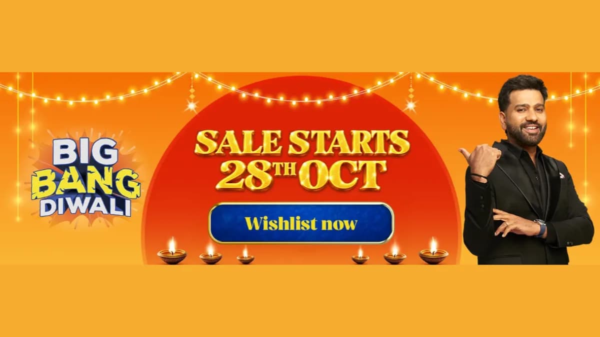 iPhone 17 shown alongside Flipkart Big Bang Diwali Sale branding and smartphone boxes