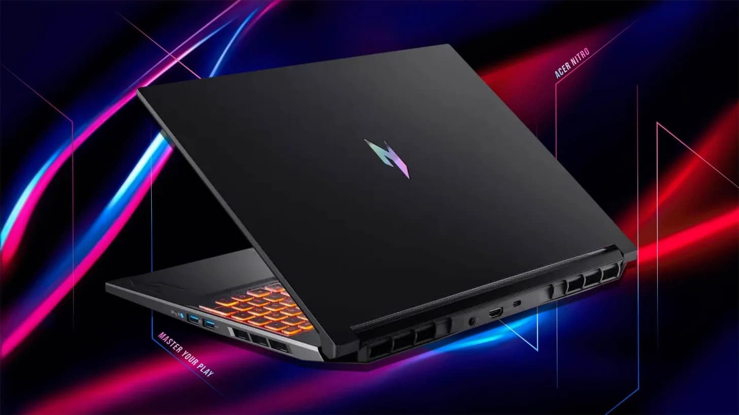 Acer Nitro V16 gaming laptop shown open on a flat surface displaying its keyboard and 16-inch screen.