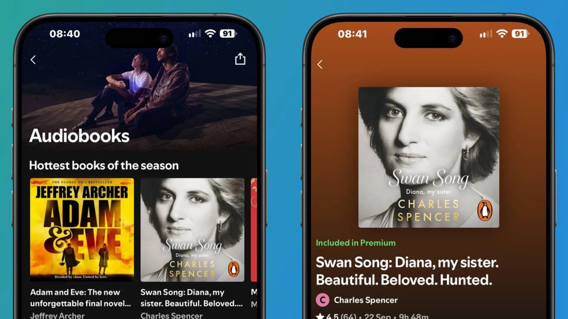 Spotify app interface displayed on a smartphone screen showing audiobook covers and playback options