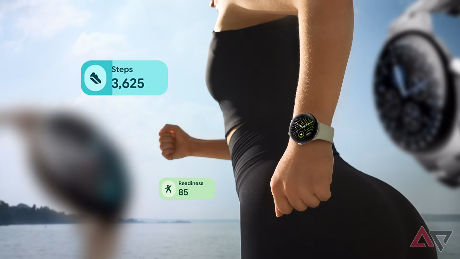 Google Pixel Watch 5 on a wrist displaying a fitness tracking screen during a run